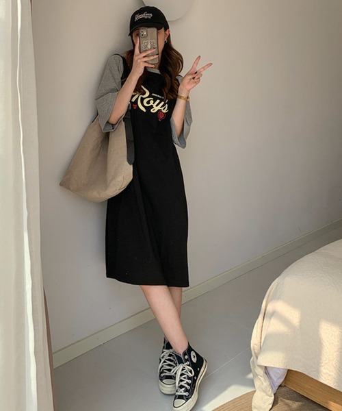 meJane(ミージェーン)の「配色ラグランプリント 半そでTシャツワンピース(ワンピース・レディース・ブラック系/グレー系・FREE)」の3枚目の写真