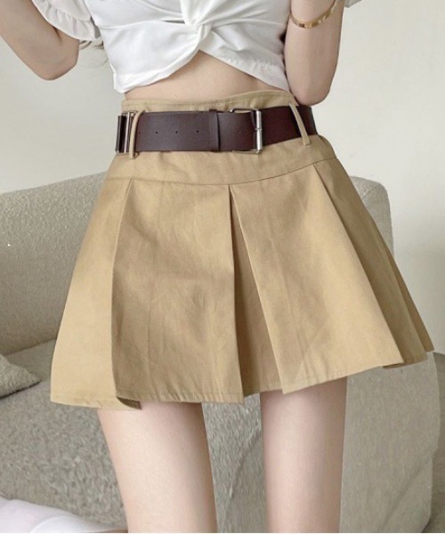 Teem Store(チームストア)の「ワイドプリーツ ミニスカート スカパン(スカート・レディース・ベージュ/ブラック・L/S/M)」の1枚目の写真