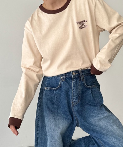 CANAL JEAN（キャナルジーン）の「Lakey Park　THE ANSWERリンガーロングTシャツ（Tシャツ/カットソー・レディース・ベージュ/ネイビー・ONE SIZE）」の2枚目の写真