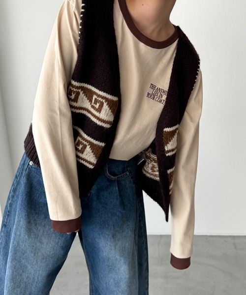 CANAL JEAN（キャナルジーン）の「Lakey Park　THE ANSWERリンガーロングTシャツ（Tシャツ/カットソー・レディース・ベージュ/ネイビー・ONE SIZE）」の10枚目の写真