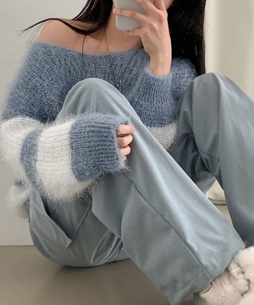 leune(ルネ)の「シャギーオフショルボーダールーズニット(ニット/セーター・レディース・ピンク/ブルー/ブラック・FREE)」の5枚目の写真