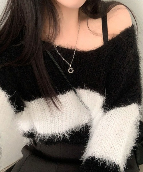 leune(ルネ)の「シャギーオフショルボーダールーズニット(ニット/セーター・レディース・ピンク/ブルー/ブラック・FREE)」の9枚目の写真