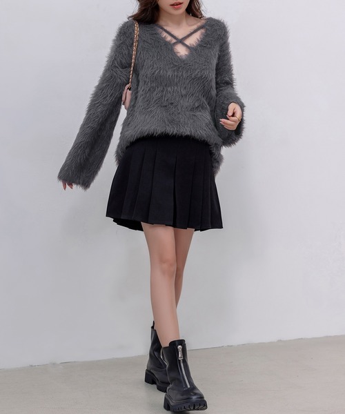 セール】レディース 長袖オーバーサイズクロスストラップシャギー