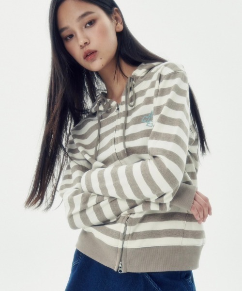 runningHIGH（ランニングハイ）の「【runningHIGH】STRIPE ZIP UP HOODIE（パーカー・レディース・ブラック/ベージュ・ONE SIZE）」の2枚目の写真