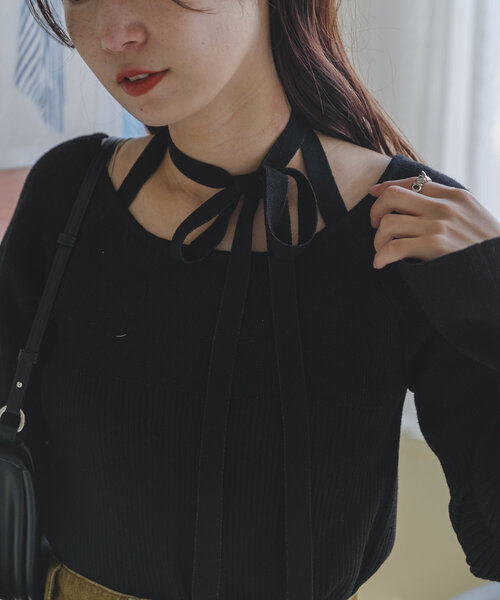 Kastane（カスタネ）の「ボウタイ配色リブニット（ニット/セーター・レディース・グレー/アイボリー/ブラック/レッド/イエロー/ブラック系その他・FREE）」の9枚目の写真