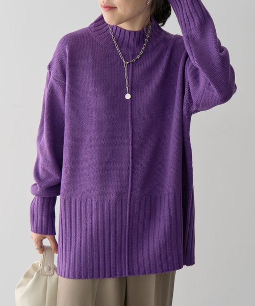 Green　Parks（グリーンパークス）の「洗えるモックネックニットプルオーバー（ニット/セーター・レディース・レッド/パープル/オフホワイト/杢グレー/ライトベージュ/ブラック・FREE）」の5枚目の写真