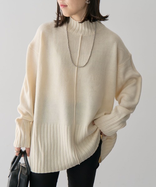 Green　Parks（グリーンパークス）の「洗えるモックネックニットプルオーバー（ニット/セーター・レディース・レッド/パープル/オフホワイト/杢グレー/ライトベージュ/ブラック・FREE）」の4枚目の写真