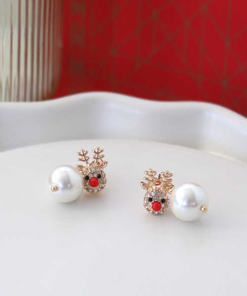 Three Four Time(スリーフォータイム)の「【X'mas】トナカイ×パールピアス(ピアス(両耳用)・レディース・ゴールド/ブラウン・FREE)」の4枚目の写真