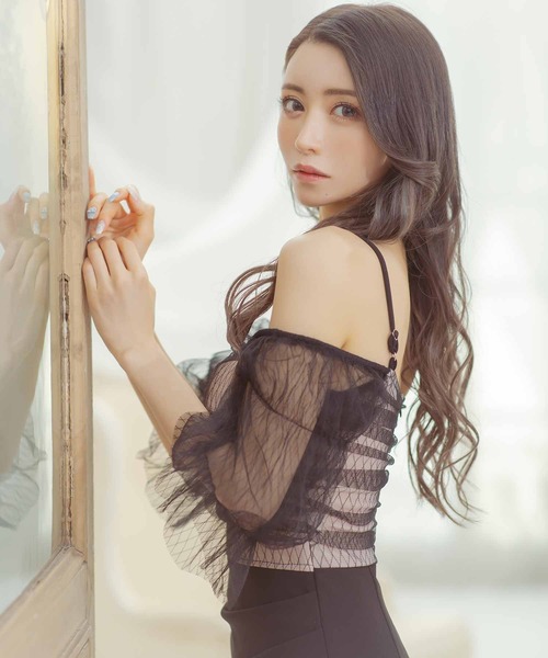 セール】キャバドレス 肩あきチュールスリットタイトロング
