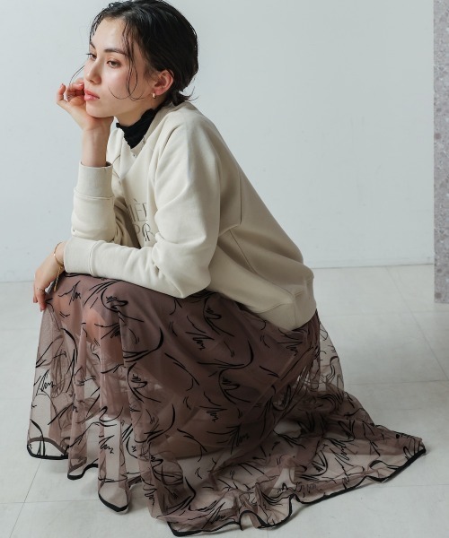 Bou Jeloud（ブージュルード）の「花柄チュールスカート（スカート・レディース・ブラック/アイボリー/モカ・38）」の6枚目の写真