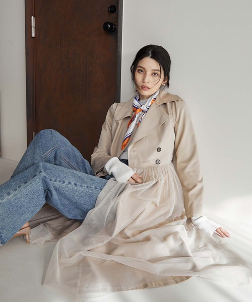 Edit Sheen(エディットシーン)の「チュール切替トレンチコート(その他アウター・レディース・ベージュ/ブラック・M)」の2枚目の写真