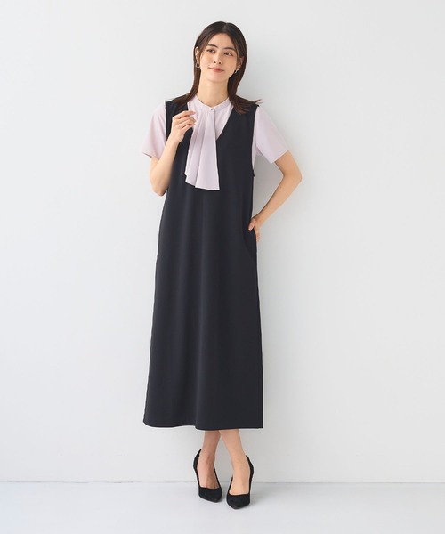 CROSS FUNCTION（クロスファンクション）の「《シワになりにくい》サマ美え ジョーゼット深Vネックジャンスカ【CF/クロスファンクション】（ジャンパースカート・レディース・ネイビー/ブラック・L/M/LL）」の2枚目の写真