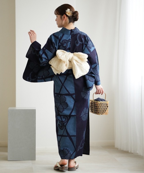 浴衣3点セット utatane×注染工房 赤坂紬 青藍にかごめなでしこ染め分け 浴衣3点セット utatane×注染工房 赤坂紬 青藍にかごめなでしこ