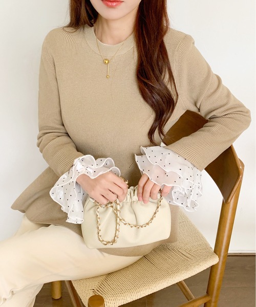 ペプラムニット レディース リブ編み ウエストマーク クルーネック