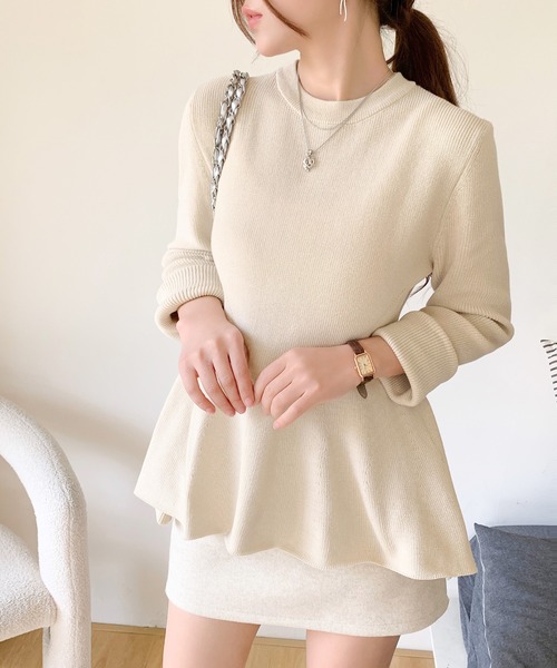 RESORT1 18Gペプラムリブクルーニット ペプラムニット レディース リブ編み ウエストマーク クルーネック
