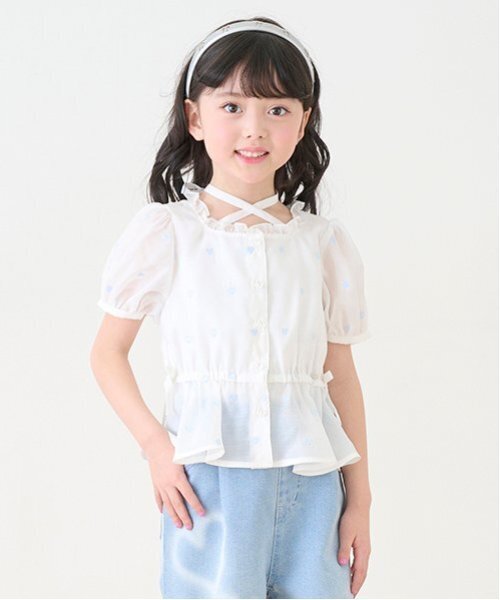 mezzo piano(メゾピアノ)の「ハート刺しゅうペプラム シアーブラウス(シャツ/ブラウス・キッズ・オフホワイト/ミント・140cm/130cm/120cm)」の1枚目の写真