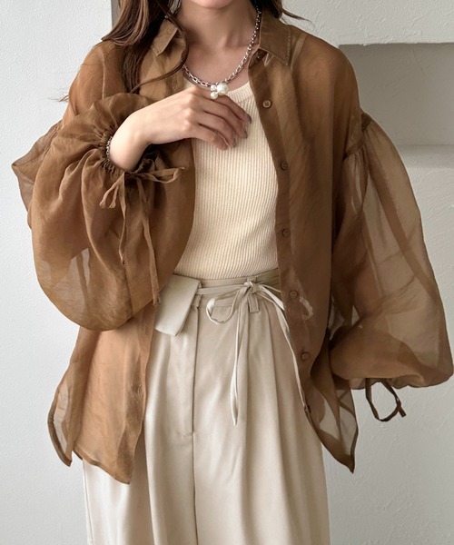 apres jour clair（アプレジュールクレア）の「【apres jour clair】袖ボリュームリボンシアーシャツ（シャツ/ブラウス・レディース・オレンジ/アイボリー/キャメル/ミント・フリー/X-LARGE）」の3枚目の写真