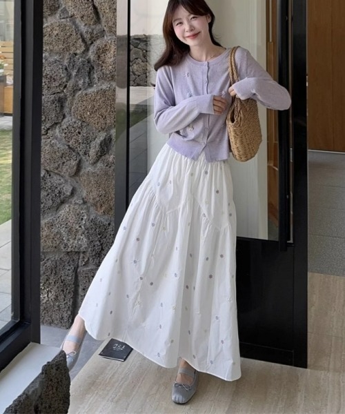 フラワープリント ロングスカート ホワイト セール】カラフルフラワープリント ロングスカート 森ガール風