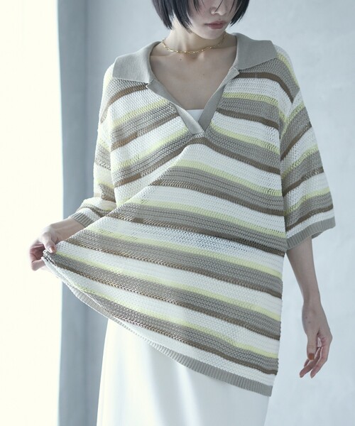 Firsthand（ファーストハンド）の「Firsthand/ファーストハンド オーバーサイズ ボーダースキッパーニット / 5分袖 プルオーバー サマーニット（ニット/セーター・レディース・ベージュ/ブルー・FREE）」の2枚目の写真