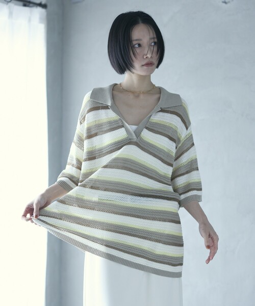 Firsthand（ファーストハンド）の「Firsthand/ファーストハンド オーバーサイズ ボーダースキッパーニット / 5分袖 プルオーバー サマーニット（ニット/セーター・レディース・ベージュ/ブルー・FREE）」の4枚目の写真