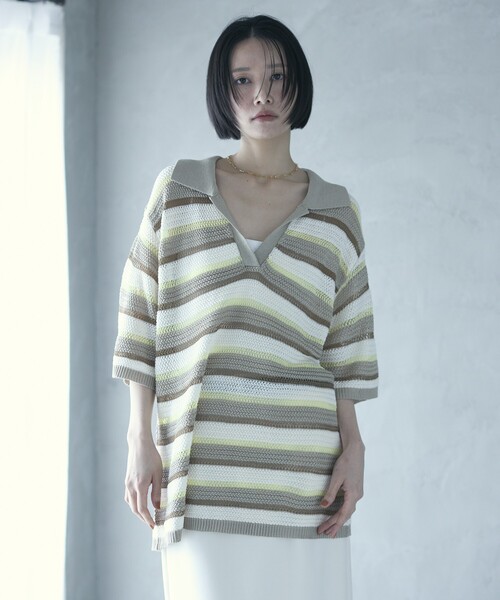 Firsthand（ファーストハンド）の「Firsthand/ファーストハンド オーバーサイズ ボーダースキッパーニット / 5分袖 プルオーバー サマーニット（ニット/セーター・レディース・ベージュ/ブルー・FREE）」の5枚目の写真