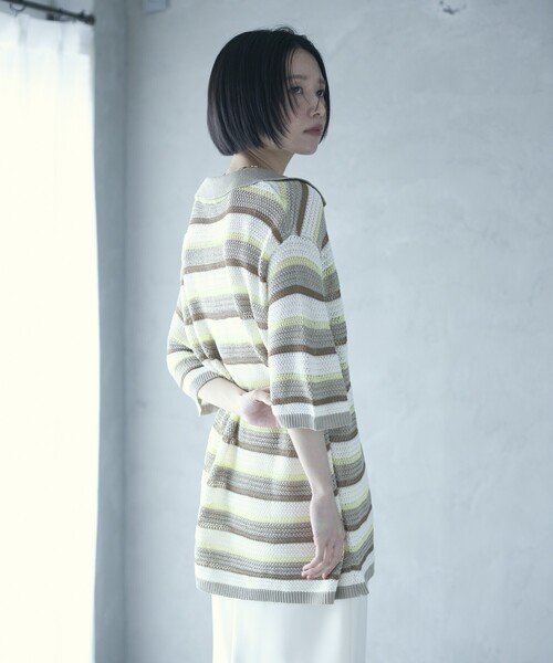 Firsthand（ファーストハンド）の「Firsthand/ファーストハンド オーバーサイズ ボーダースキッパーニット / 5分袖 プルオーバー サマーニット（ニット/セーター・レディース・ベージュ/ブルー・FREE）」の6枚目の写真