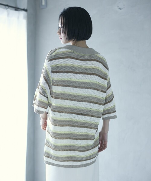 Firsthand（ファーストハンド）の「Firsthand/ファーストハンド オーバーサイズ ボーダースキッパーニット / 5分袖 プルオーバー サマーニット（ニット/セーター・レディース・ベージュ/ブルー・FREE）」の7枚目の写真