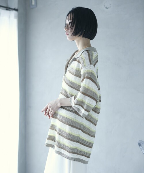 Firsthand（ファーストハンド）の「Firsthand/ファーストハンド オーバーサイズ ボーダースキッパーニット / 5分袖 プルオーバー サマーニット（ニット/セーター・レディース・ベージュ/ブルー・FREE）」の8枚目の写真