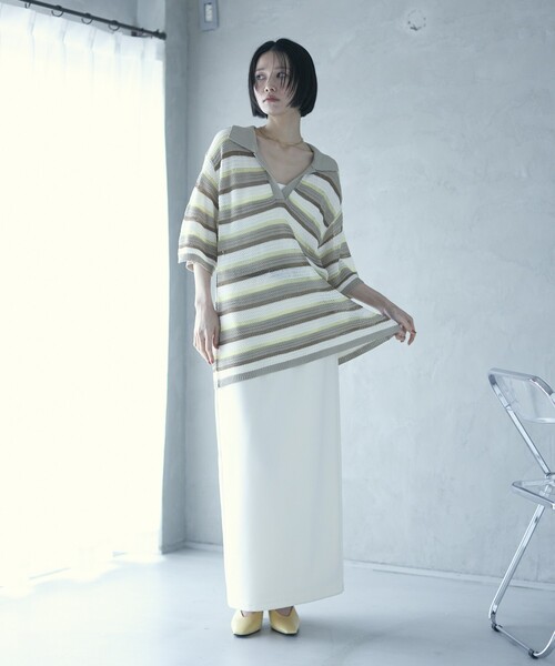 Firsthand（ファーストハンド）の「Firsthand/ファーストハンド オーバーサイズ ボーダースキッパーニット / 5分袖 プルオーバー サマーニット（ニット/セーター・レディース・ベージュ/ブルー・FREE）」の11枚目の写真