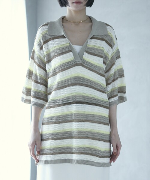 Firsthand（ファーストハンド）の「Firsthand/ファーストハンド オーバーサイズ ボーダースキッパーニット / 5分袖 プルオーバー サマーニット（ニット/セーター・レディース・ベージュ/ブルー・FREE）」の15枚目の写真