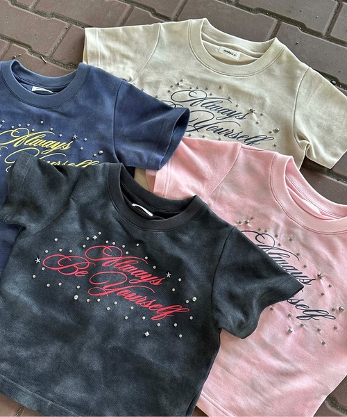 sedacle girl（セダクルガール）の「ダート加工スタッズチビT（Tシャツ/カットソー・レディース・ピンク/ブラック/ネイビー/ベージュ・MEDIUM/SMALL）」の5枚目の写真