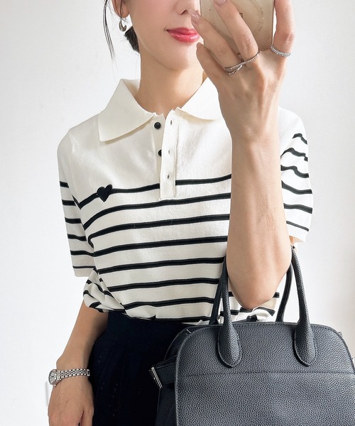 &. NOSTALGIA(アンドドットノスタルジア)の「【ZOZO限定】スポンディッシュハート刺繍半袖ポロニット(ニット/セーター・レディース・ブラック/アイボリー/ホワイト×ブラック・M)」の1枚目の写真