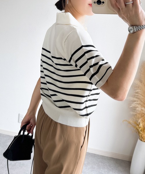 &. NOSTALGIA(アンドドットノスタルジア)の「【ZOZO限定】スポンディッシュハート刺繍半袖ポロニット(ニット/セーター・レディース・ブラック/アイボリー/ホワイト×ブラック・M)」の18枚目の写真