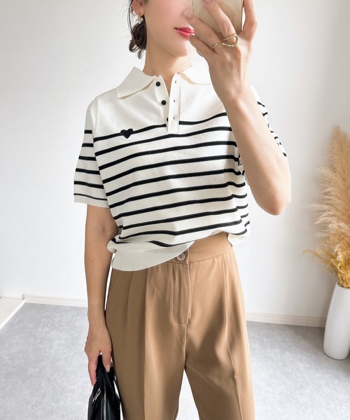 &. NOSTALGIA(アンドドットノスタルジア)の「【ZOZO限定】スポンディッシュハート刺繍半袖ポロニット(ニット/セーター・レディース・ブラック/アイボリー/ホワイト×ブラック・M)」の20枚目の写真