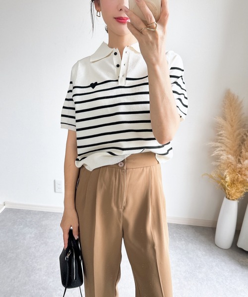 &. NOSTALGIA(アンドドットノスタルジア)の「【ZOZO限定】スポンディッシュハート刺繍半袖ポロニット(ニット/セーター・レディース・ブラック/アイボリー/ホワイト×ブラック・M)」の19枚目の写真