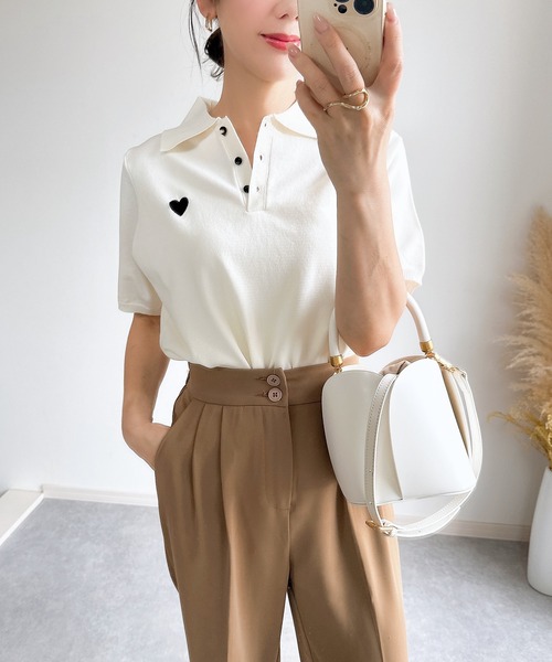 &. NOSTALGIA(アンドドットノスタルジア)の「【ZOZO限定】スポンディッシュハート刺繍半袖ポロニット(ニット/セーター・レディース・ブラック/アイボリー/ホワイト×ブラック・M)」の22枚目の写真