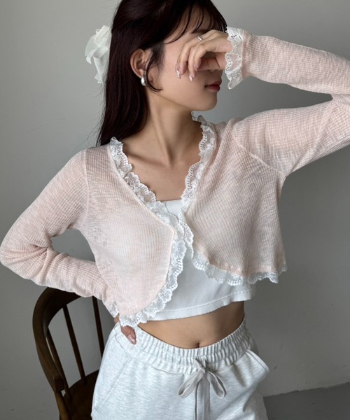 one after another NICE CLAUP(ワンアフターアナザーナイスクラップ)の「レース切替カーディガン(カーディガン/ボレロ・レディース・ブラック/ホワイト/モカ/サックスブルー/ピンク・FREE)」の5枚目の写真