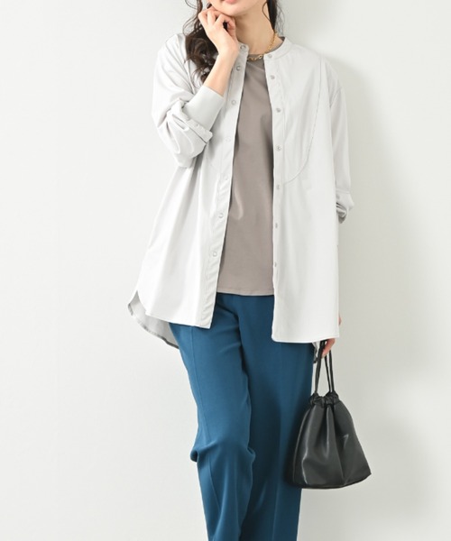 aunt lily（アントリリー）の「GIZAコットンハイゲージ天竺ロングシャツ｜ロング丈 きれいめカジュアル 涼感 春夏 コットン（Tシャツ/カットソー・レディース・チャコールグレー/シルバー/イエロー・LL/M/3L/L）」の3枚目の写真