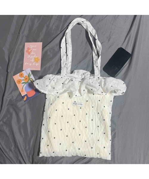 tone(トーン)の「【88eighty-eight】花柄フリルシフォントートバッグ【import】(MA)(トートバッグ・レディース・ホワイト/ブラック・FREE)」の6枚目の写真