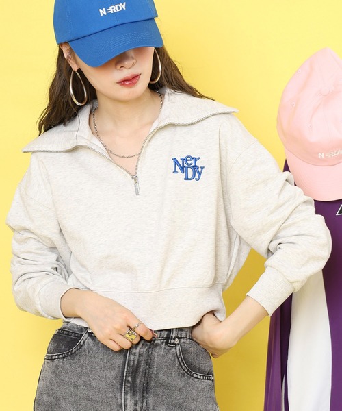 セール】フリースクロップドハーフジップアップスウェットシャツ