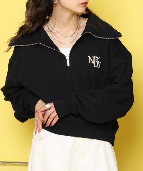 セール】フリースクロップドハーフジップアップスウェットシャツ