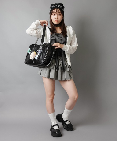 SPINNS（スピンズ）の「学校生活を楽しく♪通学最適◎ 合皮スクールバッグ/スクバ/裏地スター総柄/チェック柄（ハンドバッグ・レディース・ブラック系その他/ブラウン系その他・ONESIZE）」の10枚目の写真