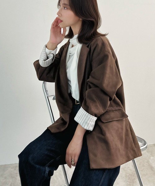 【ツイードジャケット　スエード襟　ダブルボタン　総柄　レトロ　ブラウン　古着】 ツイードジャケット スエード襟 ダブルボタン 総柄 レトロ