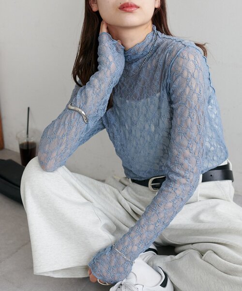 DISCOAT(ディスコート)の「【WEB限定】ストレッチレースボトルネックプルオーバー(Tシャツ/カットソー・レディース・アイボリー/ブラック/ブルー/ブラウン/ミント・FREE)」の5枚目の写真