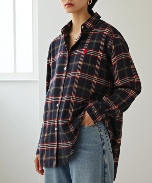 U.S. POLO ASSN.(ユーエスポロアッスン)の「U.S. POLO ASSN./ユーエスポロアッスン Flannel Check Shirt/オーバーサイズ フランネル チェック ロゴ ワンポイント刺繍 レギュラーカラーシャツ/レディース(シャツ/ブラウス・レディース・ネイビー/ホワイト/ピンク/グリーン・M/L)」の3枚目の写真