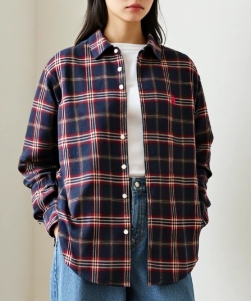 U.S. POLO ASSN.(ユーエスポロアッスン)の「U.S. POLO ASSN./ユーエスポロアッスン Flannel Check Shirt/オーバーサイズ フランネル チェック ロゴ ワンポイント刺繍 レギュラーカラーシャツ/レディース(シャツ/ブラウス・レディース・ネイビー/ホワイト/ピンク/グリーン・M/L)」の12枚目の写真