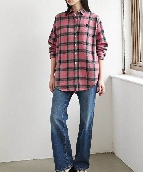 U.S. POLO ASSN.(ユーエスポロアッスン)の「U.S. POLO ASSN./ユーエスポロアッスン Flannel Check Shirt/オーバーサイズ フランネル チェック ロゴ ワンポイント刺繍 レギュラーカラーシャツ/レディース(シャツ/ブラウス・レディース・ネイビー/ホワイト/ピンク/グリーン・M/L)」の16枚目の写真
