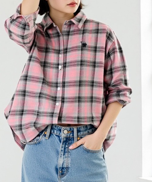 U.S. POLO ASSN.(ユーエスポロアッスン)の「U.S. POLO ASSN./ユーエスポロアッスン Flannel Check Shirt/オーバーサイズ フランネル チェック ロゴ ワンポイント刺繍 レギュラーカラーシャツ/レディース(シャツ/ブラウス・レディース・ネイビー/ホワイト/ピンク/グリーン・M/L)」の15枚目の写真