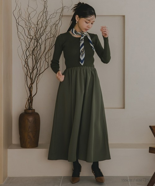 Petitjo（プッチージョ）の「小さいサイズ　スクエアネックドッキングフレアワンピース　低身長さん・小柄女性（ワンピース・レディース・ブラック/カーキ・PS/PSS/PL/PM）」の3枚目の写真