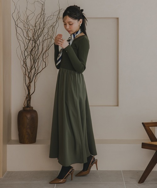 Petitjo（プッチージョ）の「小さいサイズ　スクエアネックドッキングフレアワンピース　低身長さん・小柄女性（ワンピース・レディース・ブラック/カーキ・PS/PSS/PL/PM）」の4枚目の写真